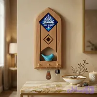 جاکلیدی دیواری چوبی طرح پرنده آبی فیروزه ای حسبی الله| جاکلیدی دکوراتیو ورودی منزل