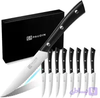 چاقوهای استیک آلمانی PAUDIN Premium از جنس استیل ضد زنگ، مجموعه 8 عددی، تیغه دندانه دار فوق العاده تیز و دسته ارگونومیک