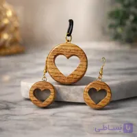 گوشواره و گردنبند چوبی معرق کاری طرح قلب