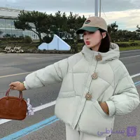 کاپشن پفی زنانه کلاهدار سه دکمه _رنگ کرم روشن