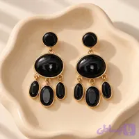 گوشواره آویز مشکی طلایی مدل سه آویز نگین بیضی