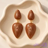 گوشواره آویز طرح سنگی مدل اشکی دو تکه قهوه‌ای شکلاتی