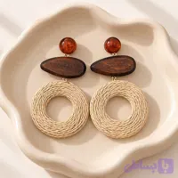 گوشواره رافیا و چوب حلقه‌ای کرم و قهوه‌ای