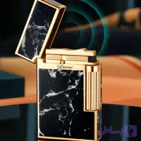 فندک گازی دروی (Derui) مشکی طلایی بغل‌زن Line 1 با جعبه چرمی اورجینال