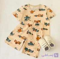 ست تيشرت و شلوارك کرمی پسرانه C&A با طرح ماشين و هلي كوپتر