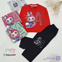 ست بلوز و شلوار بگ بچگانه دخترانه طرح لبوبو نگین‌دار سایز ۴۰ و ۴۵ مناسب ۲ تا ۵ سال جنس دورس پنبه کیفیت عالی با رنگهای شاد