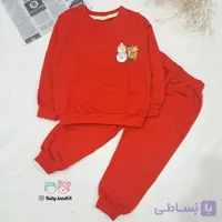 ست بلوز و شلوار یلدایی اسپرت خواهر برادری مناسب پسر و دختر ۱ تا ۵ سال سایز ۳۵ تا ۴۵ جنس دورس پنبه لاکرادار طرح آهو و آدم برفی