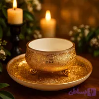 ست پیاله و پیش دستی کریستال طلاکوب طرح ژاکلین رنگ کرم با طلاکاری 12 عیار اصل هلند مجموعه 12 پارچه