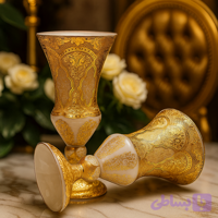 گلدان کریستال طلاکوب دستساز طرح بوهمیا چک مدل ژاکلین رنگ کرم سایز بزرگ مجموعه دوعددی