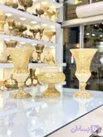 ست سه تیکه گلدان و شکلات خوری کریستال طلاکوب طرح ژاکلین رنگ کرم با طلاکاری اصل هلند سایز 2