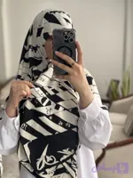 روسری ابریشم توییل وارداتی قواره۱۴۰دور دست دوز سفید مشکی (کد JTVVE)