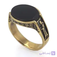 انگشتر طلا روس عقیق مشکی معدنی رکاب صفوی طراحی سیاه قلم