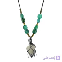 ‌گردنبند کریستال کوارتز راف (تراش نخورده) طبیعی سنگ درمانی بافت مکرومه طوسی همراه عقیق سبز سلیمانی تراش پیچ دستساز تخصصی هفت چاکرا آویز بال