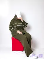 ست بافت دخترانه قواره‌دار سبز زیتونی بلوز رینگی و شلوار