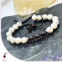 دستبند مردانه سنگ کوارتز دودی و هائولیت سفید کد B19